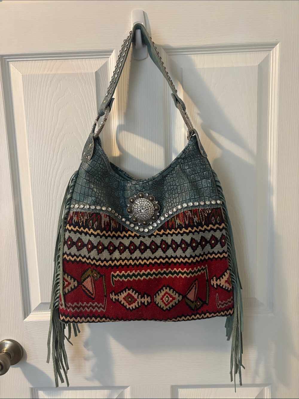 Teal Fringe Shoulder Bag with Red Aztec Textile and Concho Accent